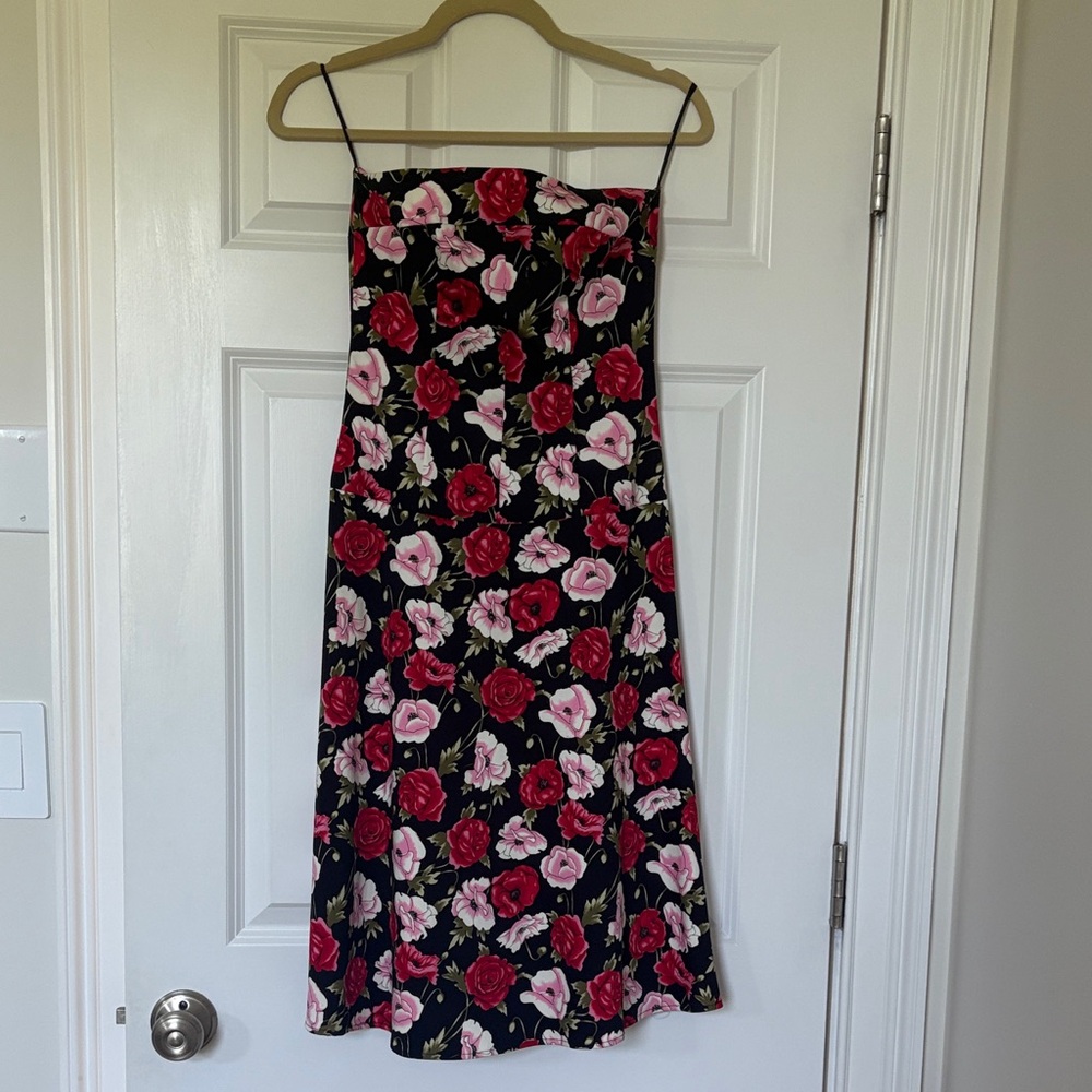 Floral Strapless Dress - Black, Pink and Red